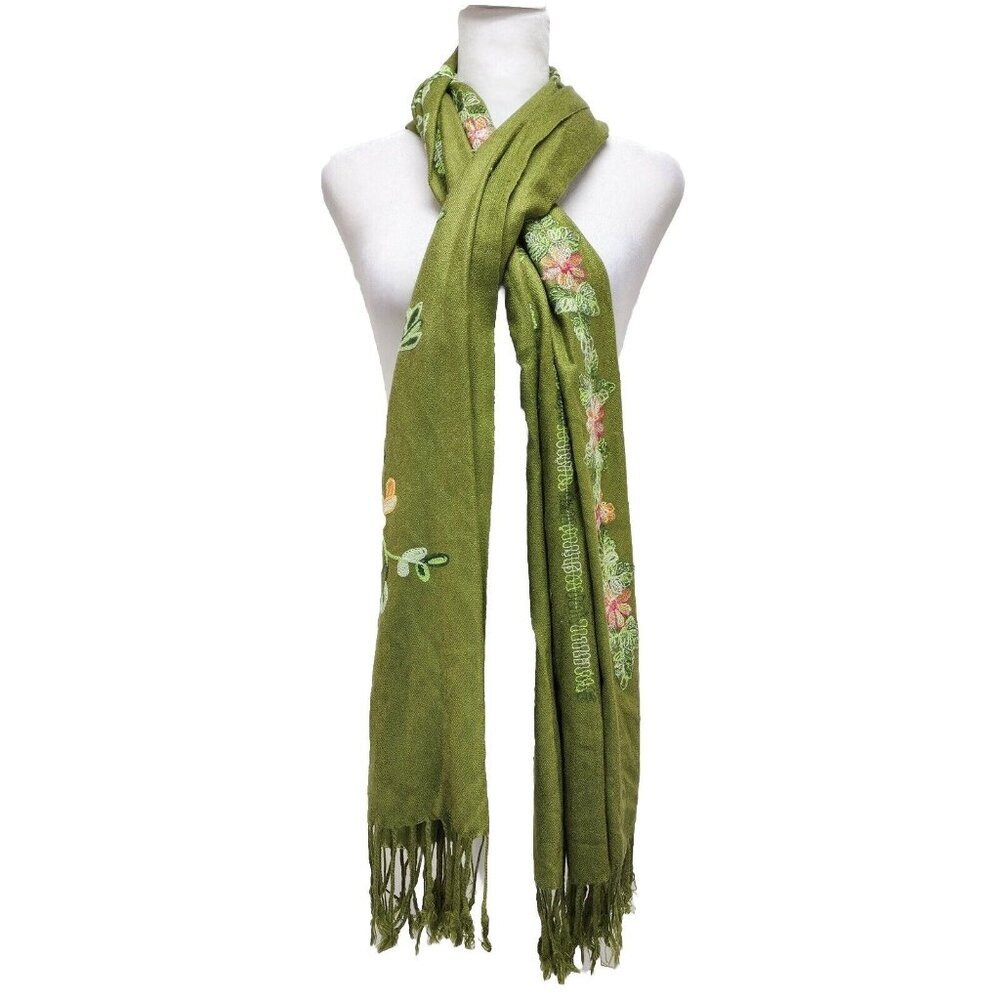 Jerusalem Scarf Israeli Holy Land Women’s Green Floral 100% Cashmere